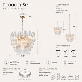 26 in Warm Brass 9-Light Glass Chandelier for Dining Room and Entryway