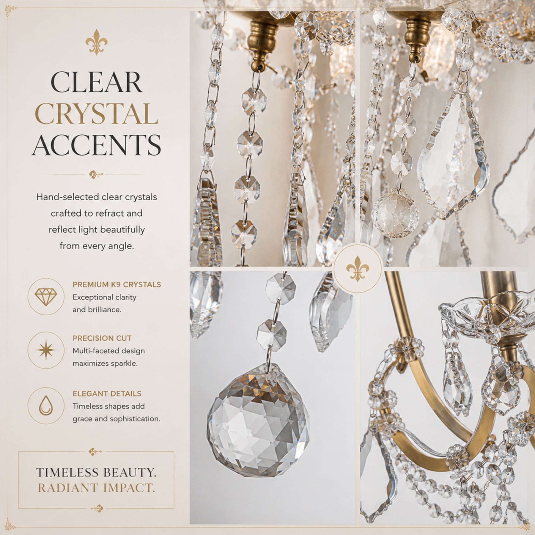 3-Light Crystal Chandelier with Brass Finish, Dimmable Ceiling Fixture