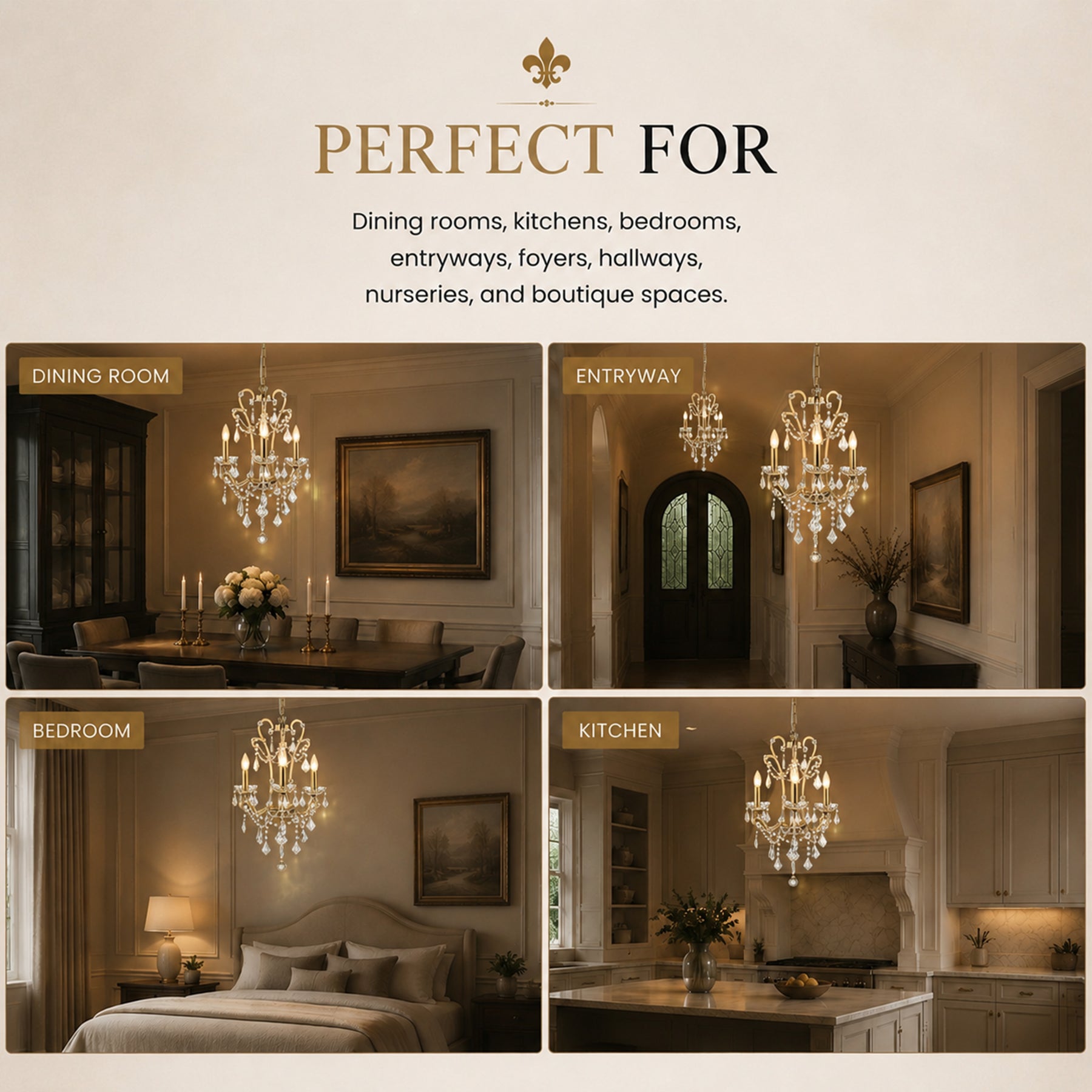 3-Light Crystal Chandelier with Brass Finish, Dimmable Ceiling Fixture