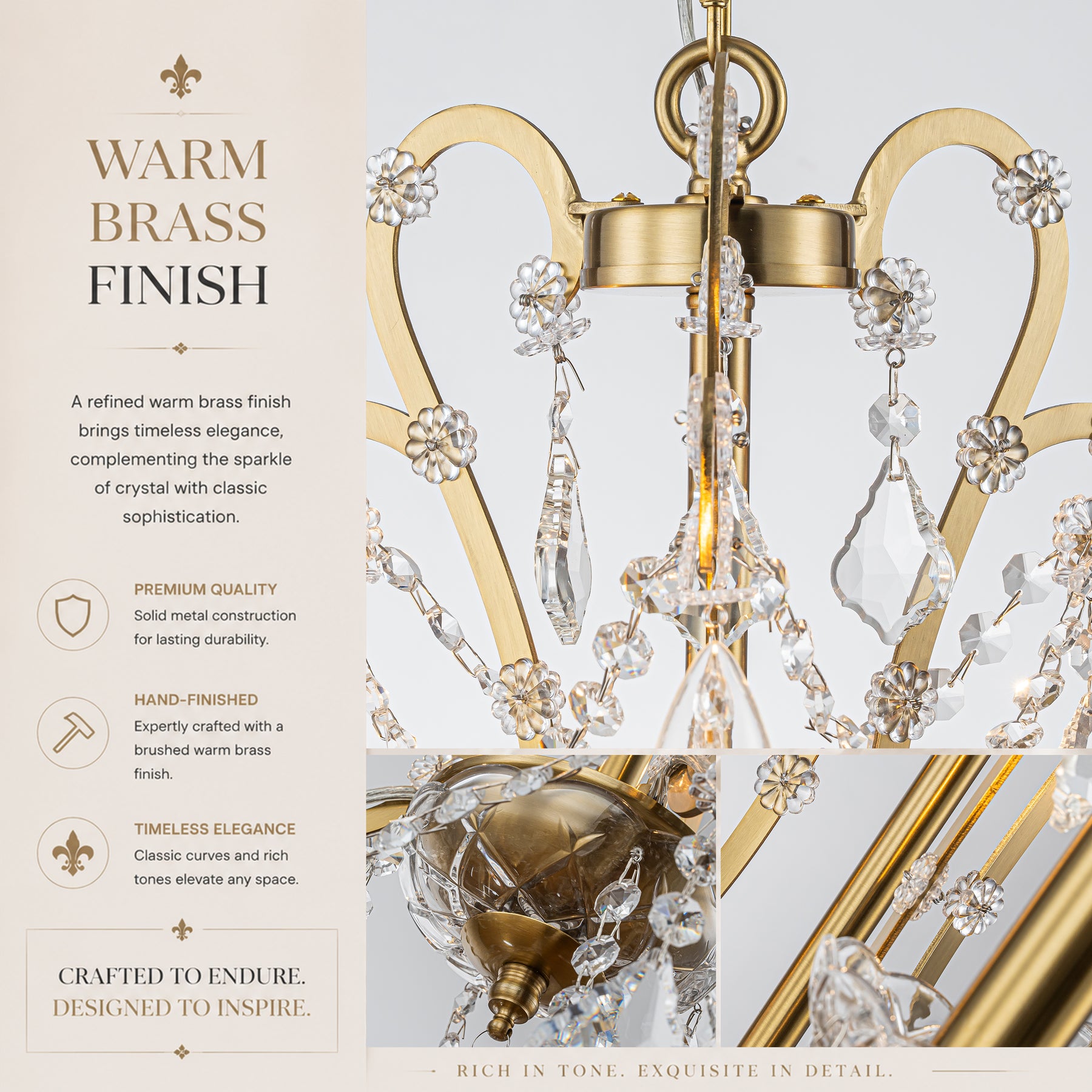 3-Light Crystal Chandelier with Brass Finish, Dimmable Ceiling Fixture
