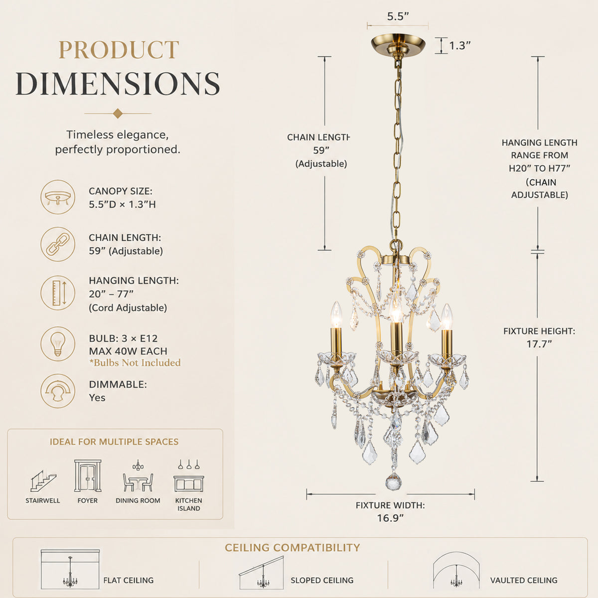 3-Light Crystal Chandelier with Brass Finish, Dimmable Ceiling Fixture