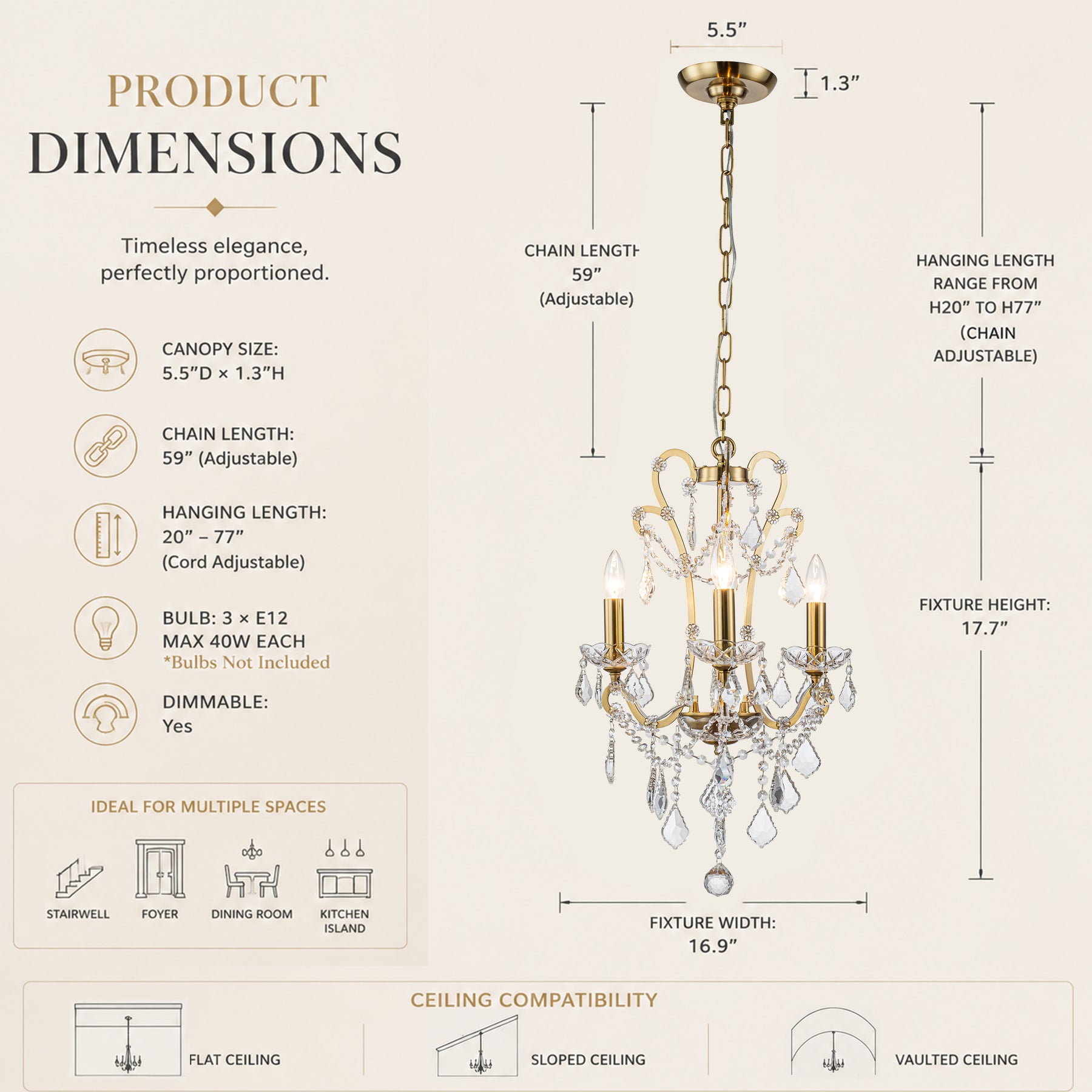 3-Light Crystal Chandelier with Brass Finish, Dimmable Ceiling Fixture