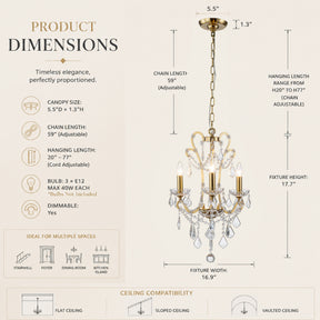 3-Light Crystal Chandelier with Brass Finish, Dimmable Ceiling Fixture