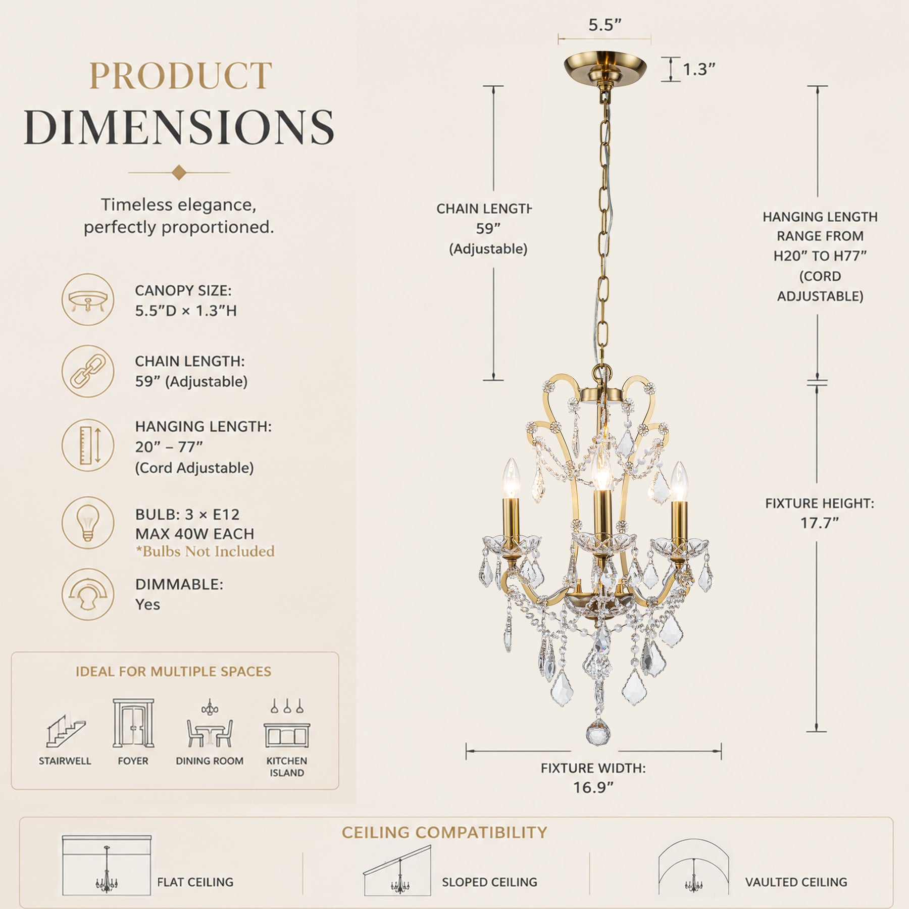 3-Light Crystal Chandelier with Brass Finish, Dimmable Ceiling Fixture