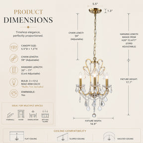 3-Light Crystal Chandelier with Brass Finish, Dimmable Ceiling Fixture