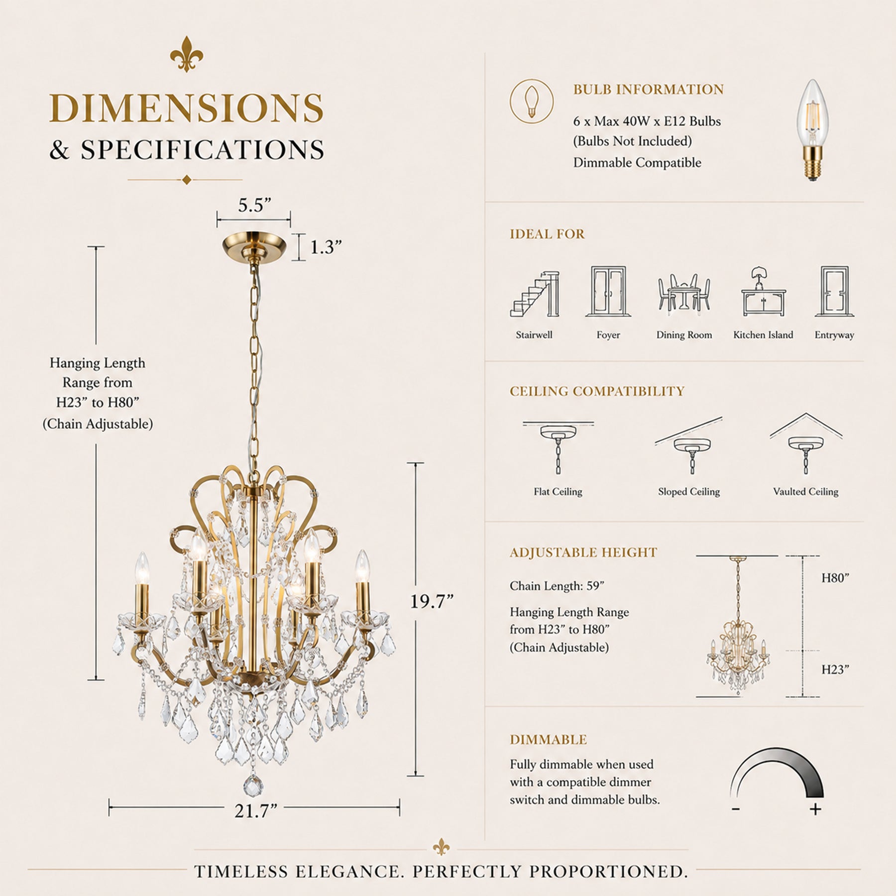 6-Light Crystal Chandelier with Brass Finish, Dimmable Ceiling Fixture