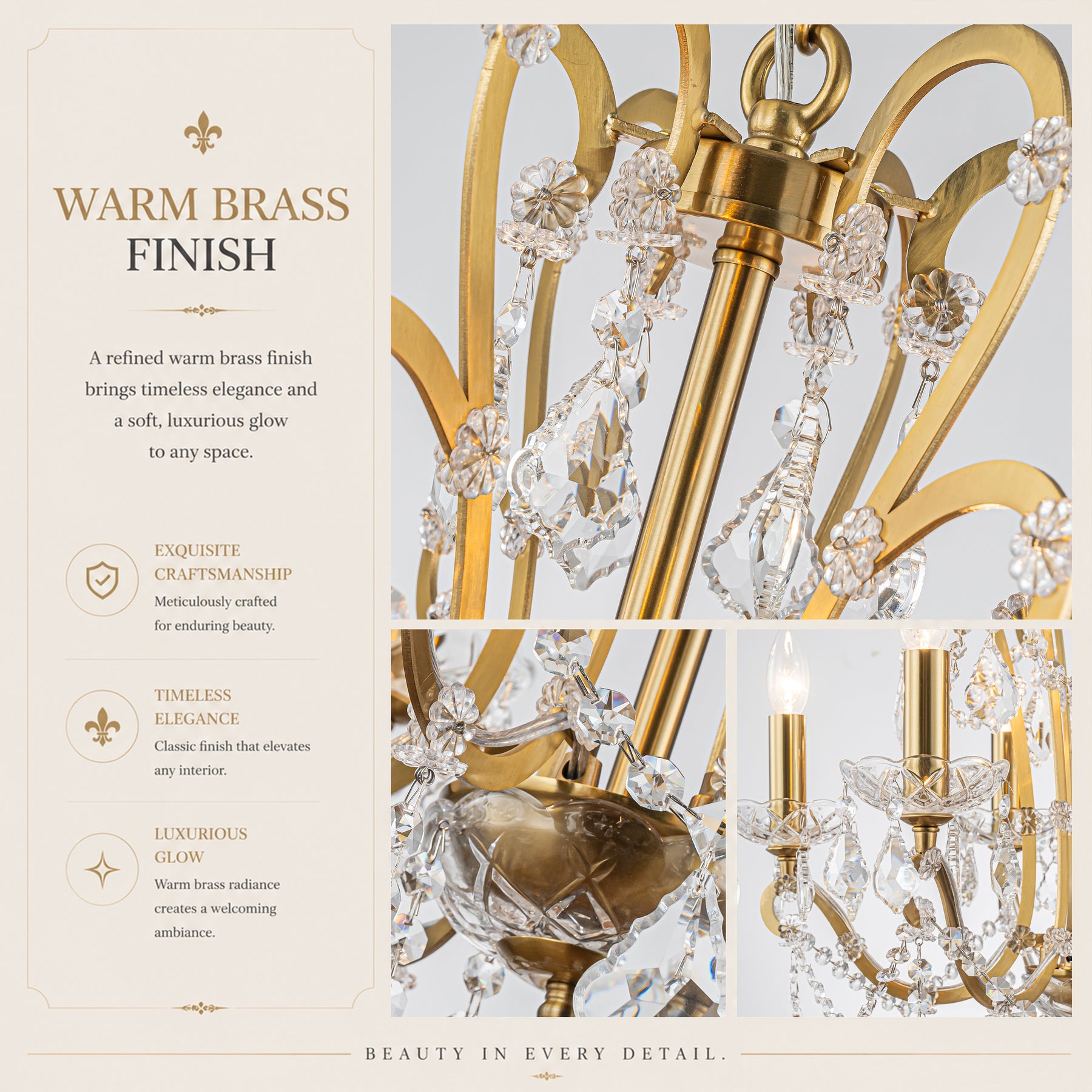 6-Light Crystal Chandelier with Brass Finish, Dimmable Ceiling Fixture