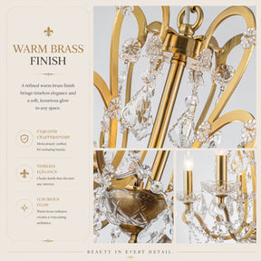 6-Light Crystal Chandelier with Brass Finish, Dimmable Ceiling Fixture