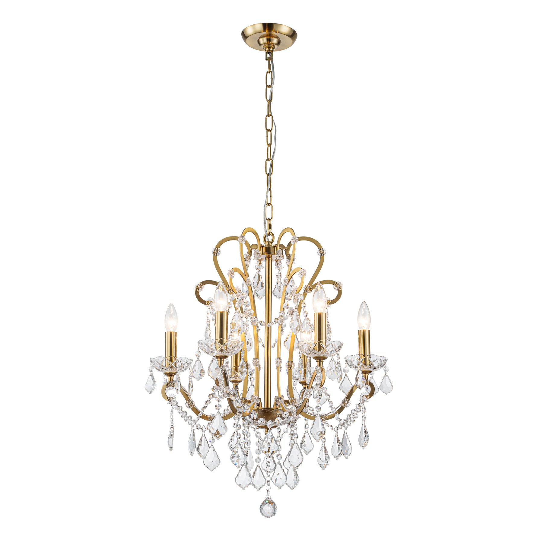 6-Light Crystal Chandelier with Brass Finish, Dimmable Ceiling Fixture