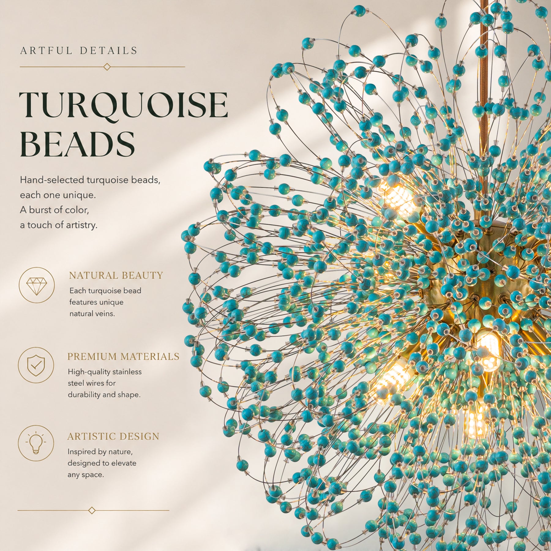 20'' Antique Gold Modern Eclectic Starburst Chandelier with Turquoise Beads Accents for Dining Room Entryway