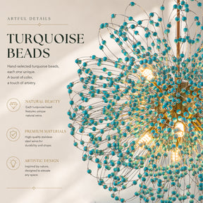 20'' Antique Gold Modern Eclectic Starburst Chandelier with Turquoise Beads Accents for Dining Room Entryway