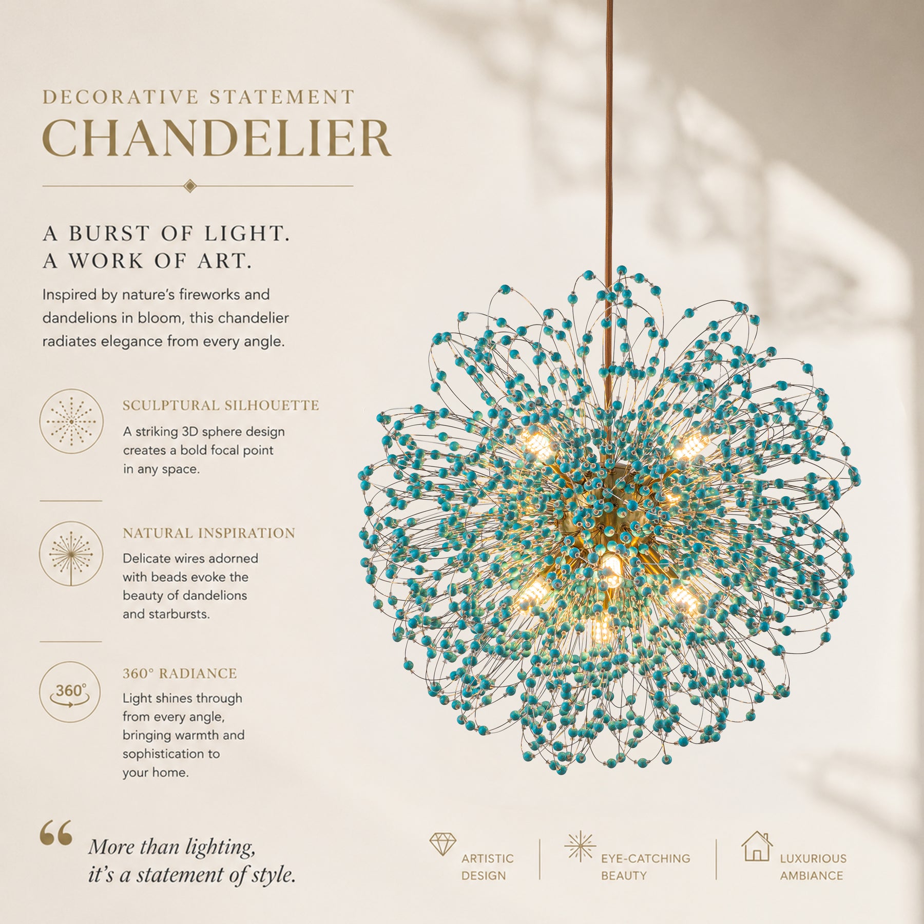 20'' Antique Gold Modern Eclectic Starburst Chandelier with Turquoise Beads Accents for Dining Room Entryway