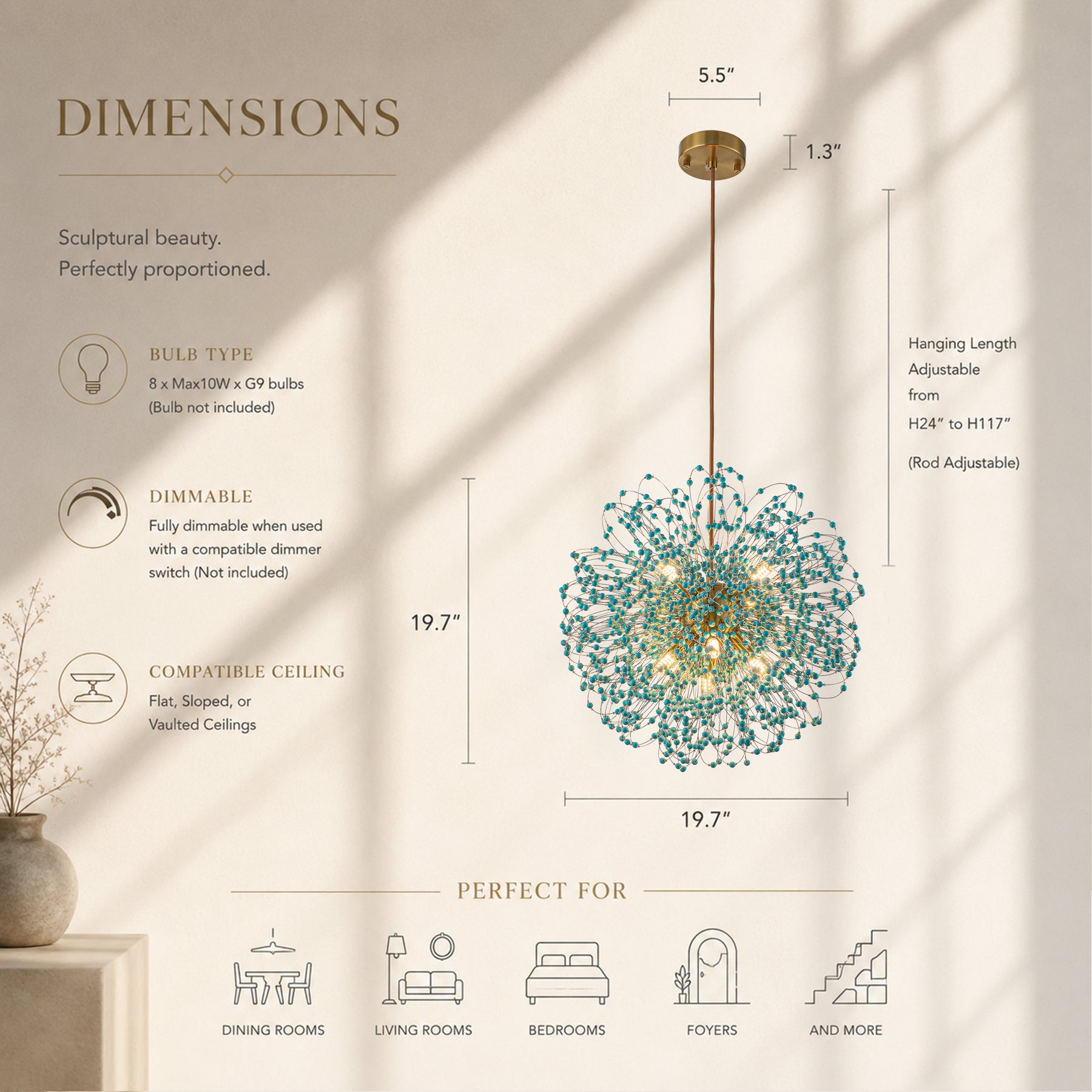 20'' Antique Gold Modern Eclectic Starburst Chandelier with Turquoise Beads Accents for Dining Room Entryway