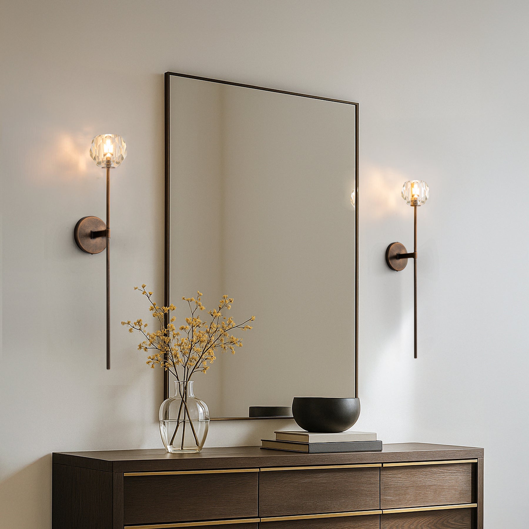 H28" 1-Light Antique Bronze Vertical Wall Lamp with Faceted K9 Crystal Shade Modern Crystal Wall Sconce Indoor Wall Light for Bathroom Vanity Hallway Bedroom