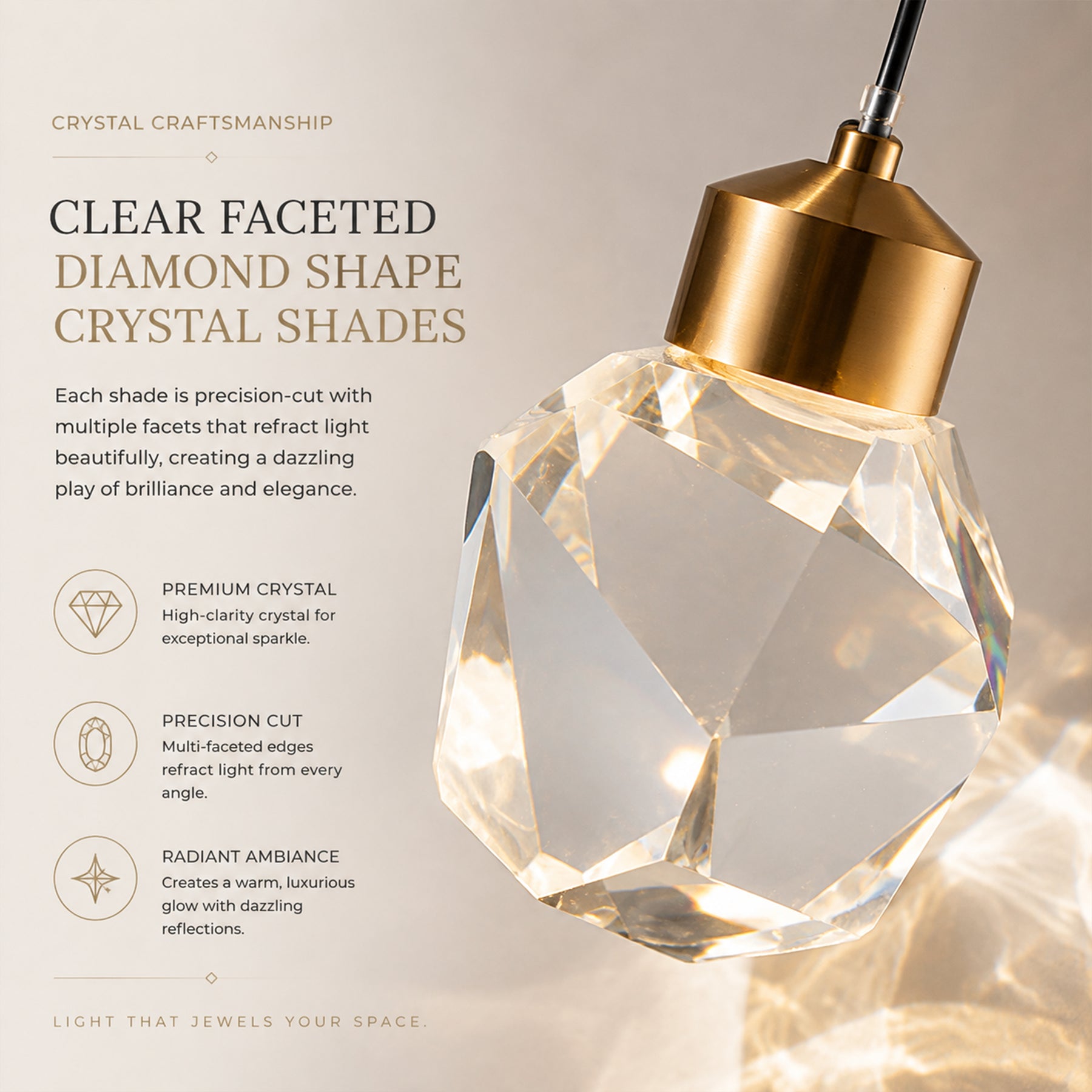 9'' Modern 3-Light Diamond Shape Crystal Cluster Integrated LED Pendant In Antique Gold Round Ceiling Lamp