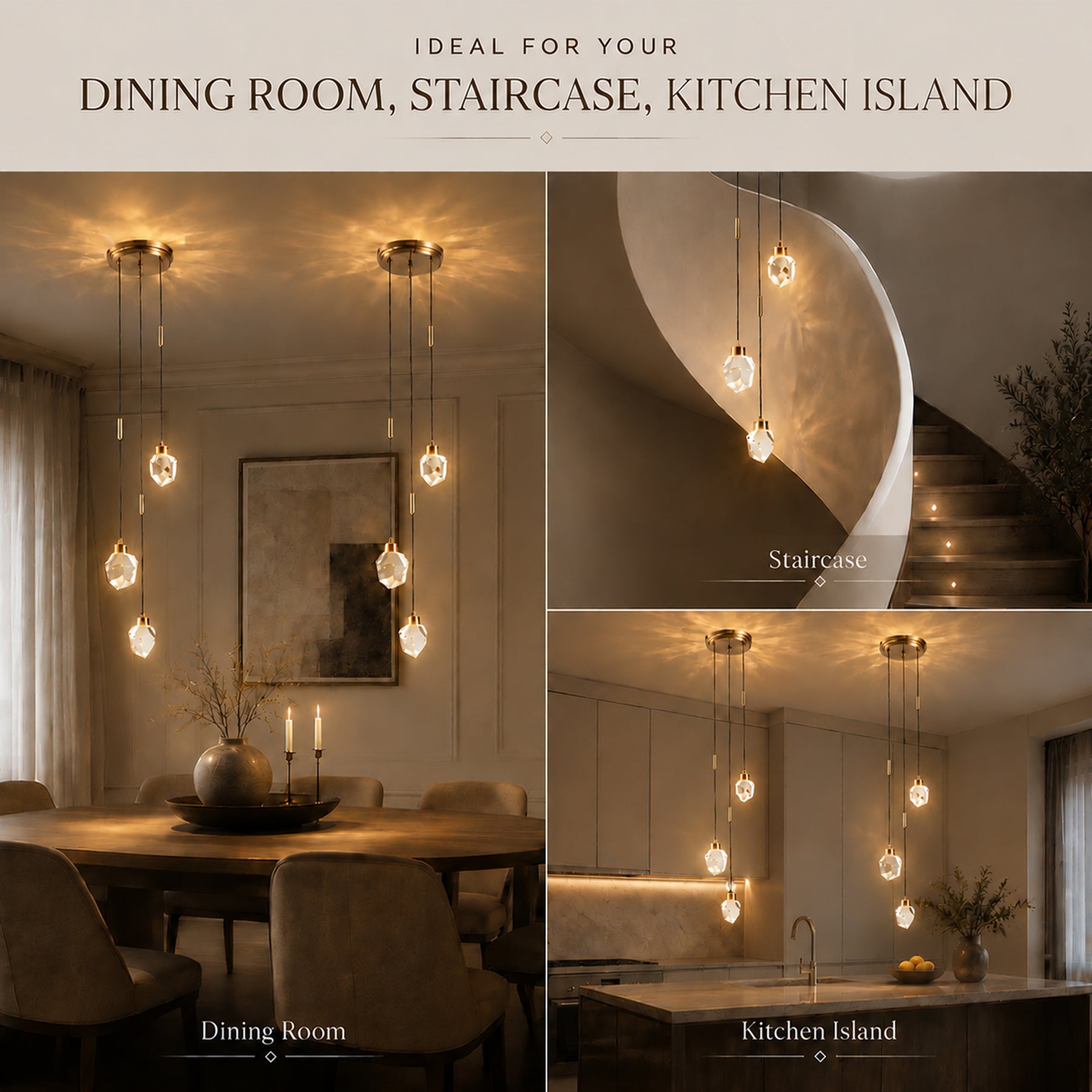 9'' Modern 3-Light Diamond Shape Crystal Cluster Integrated LED Pendant In Antique Gold Round Ceiling Lamp