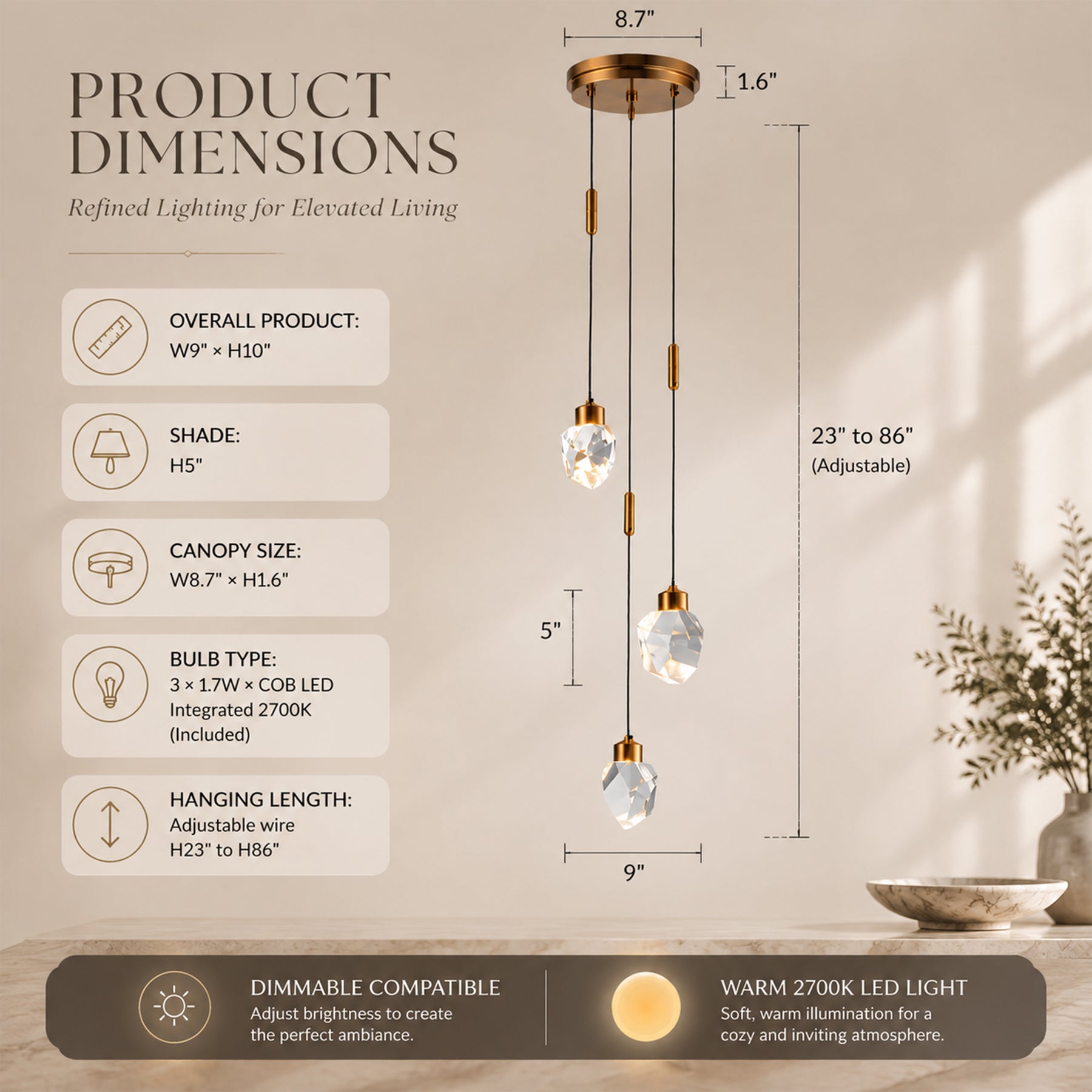 9'' Modern 3-Light Diamond Shape Crystal Cluster Integrated LED Pendant In Antique Gold Round Ceiling Lamp