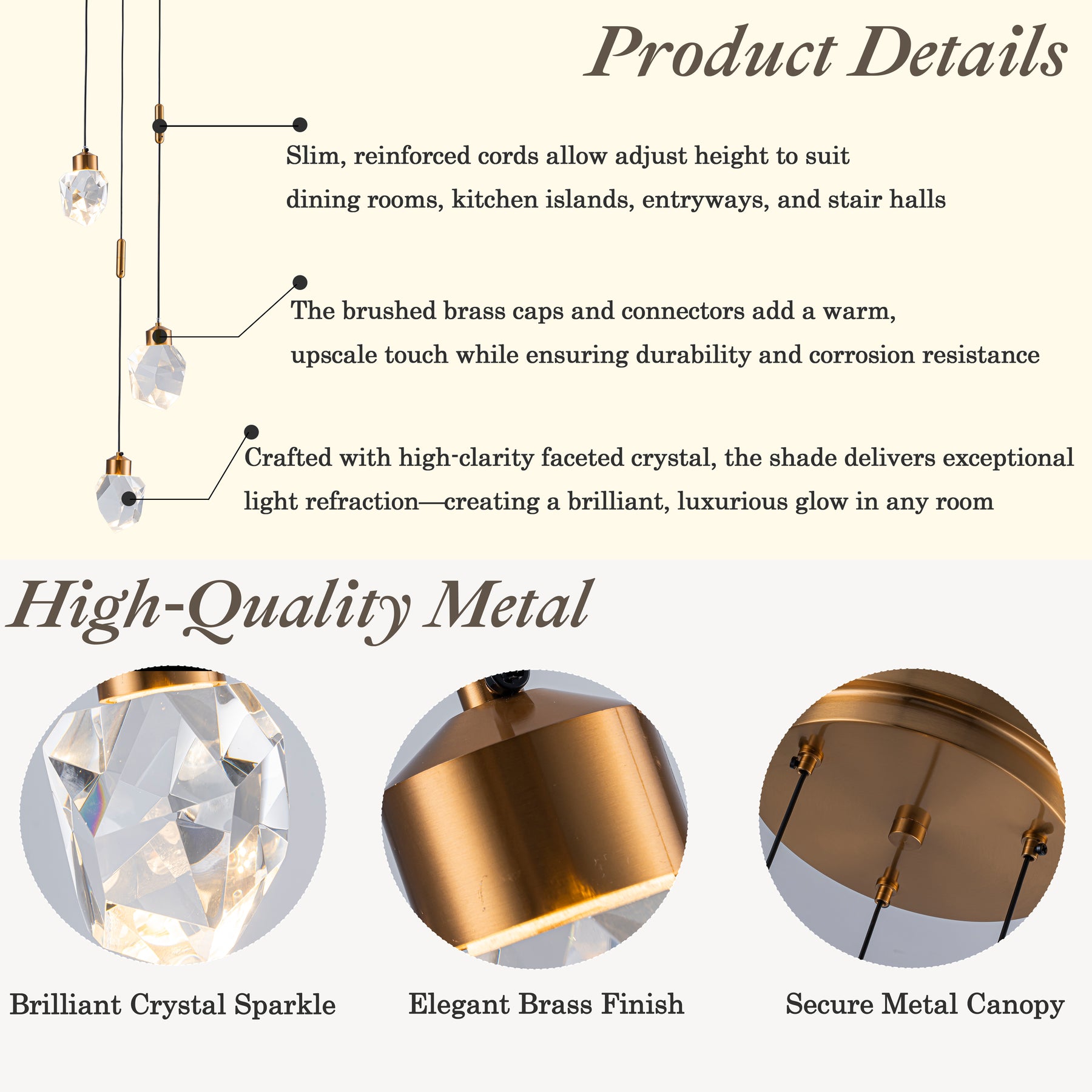 9'' Modern 3-Light Diamond Shape Crystal Cluster Integrated LED Pendant In Antique Gold Round Ceiling Lamp