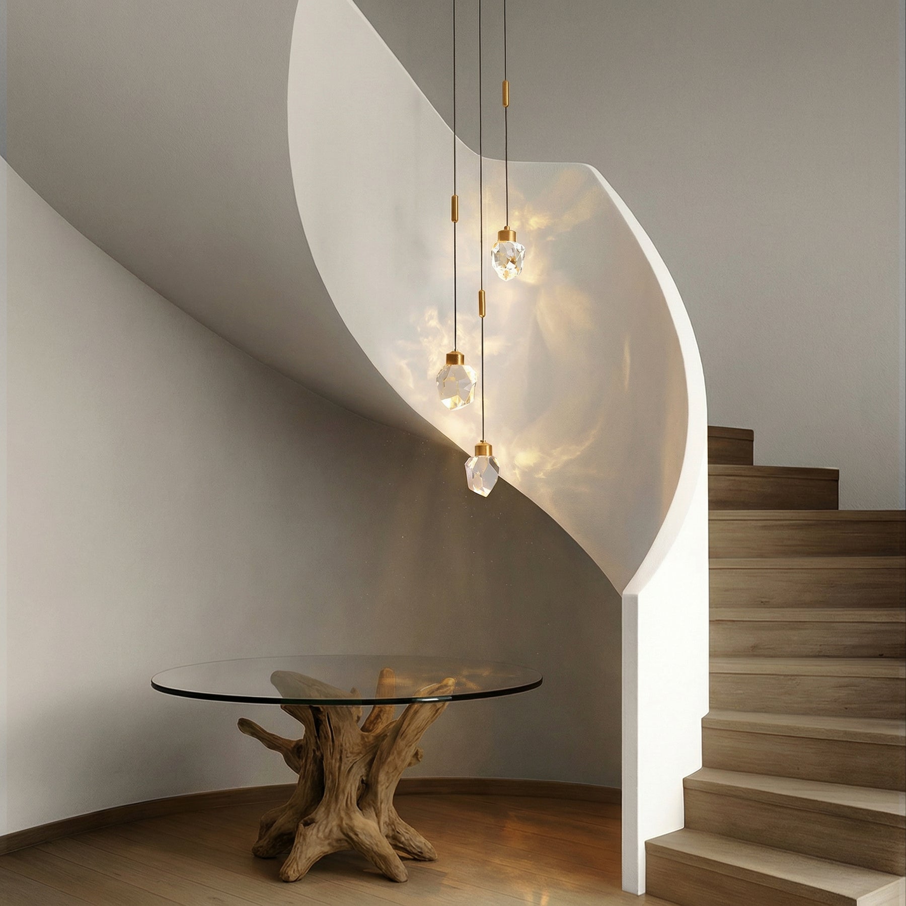 9'' Modern 3-Light Diamond Shape Crystal Cluster Integrated LED Pendant In Antique Gold Round Ceiling Lamp