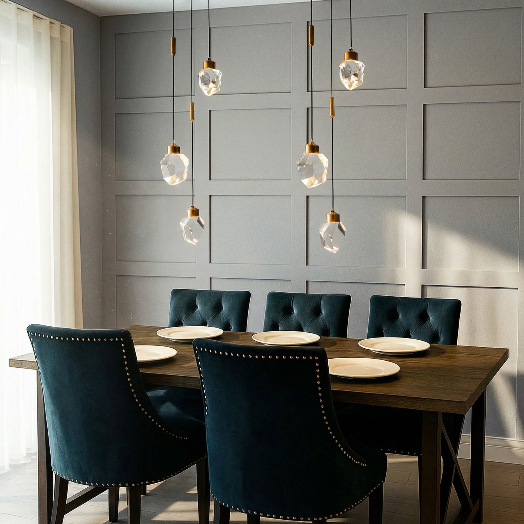9'' Modern 3-Light Diamond Shape Crystal Cluster Integrated LED Pendant In Antique Gold Round Ceiling Lamp