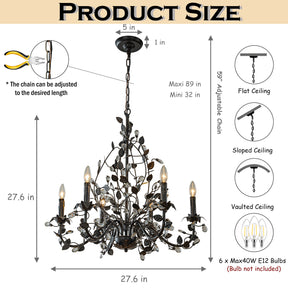 Contemporary 6-Light Dark Bronze Leaf Chandelier Elegant Interior Lighting With Crystal Accents For Dining Room Living Room