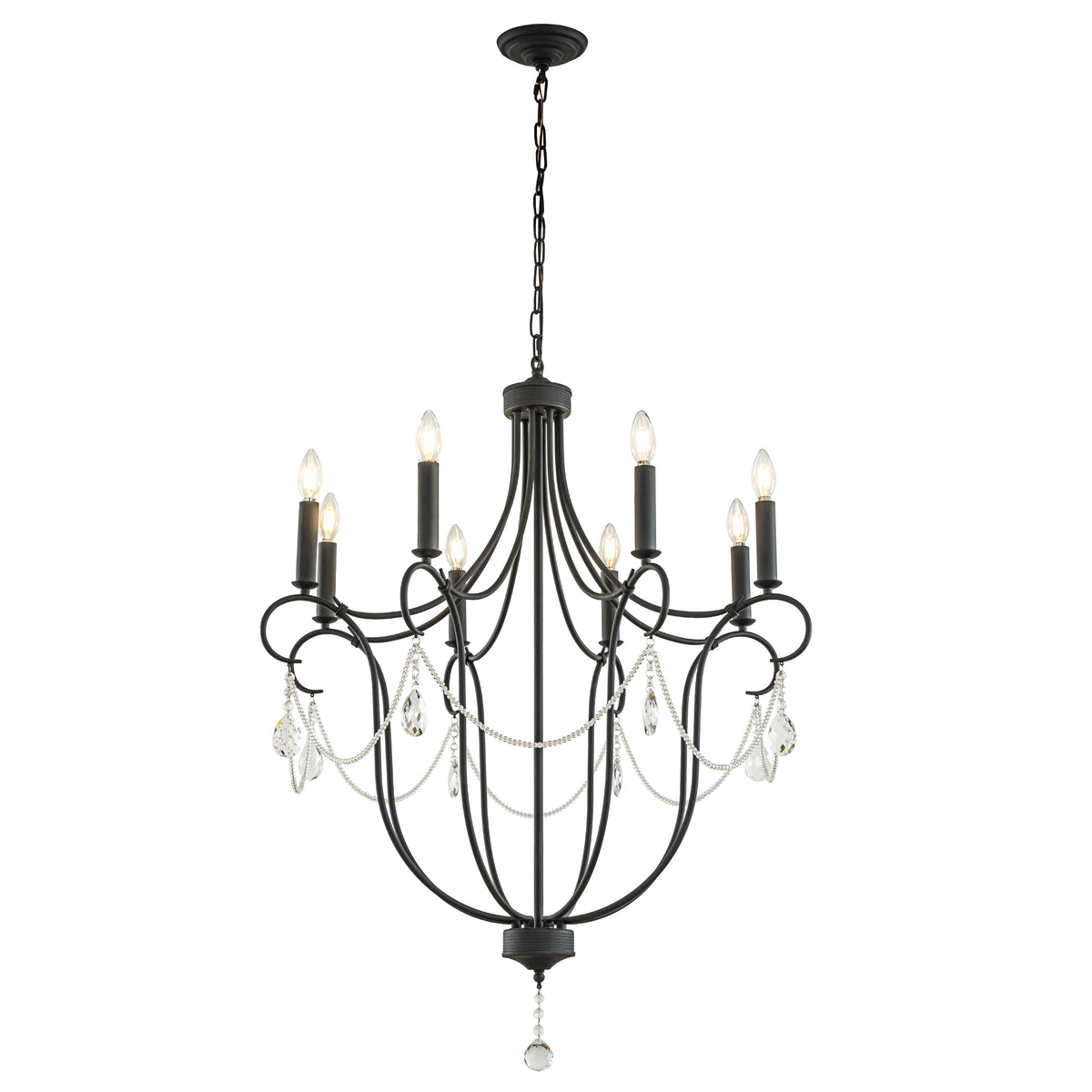 32'' 8-Light Modern Black Mid-Century Modern Candelabra Crystal Chandelier Vintage Candle Pendant Light For Living Room Dining Room And Entryway