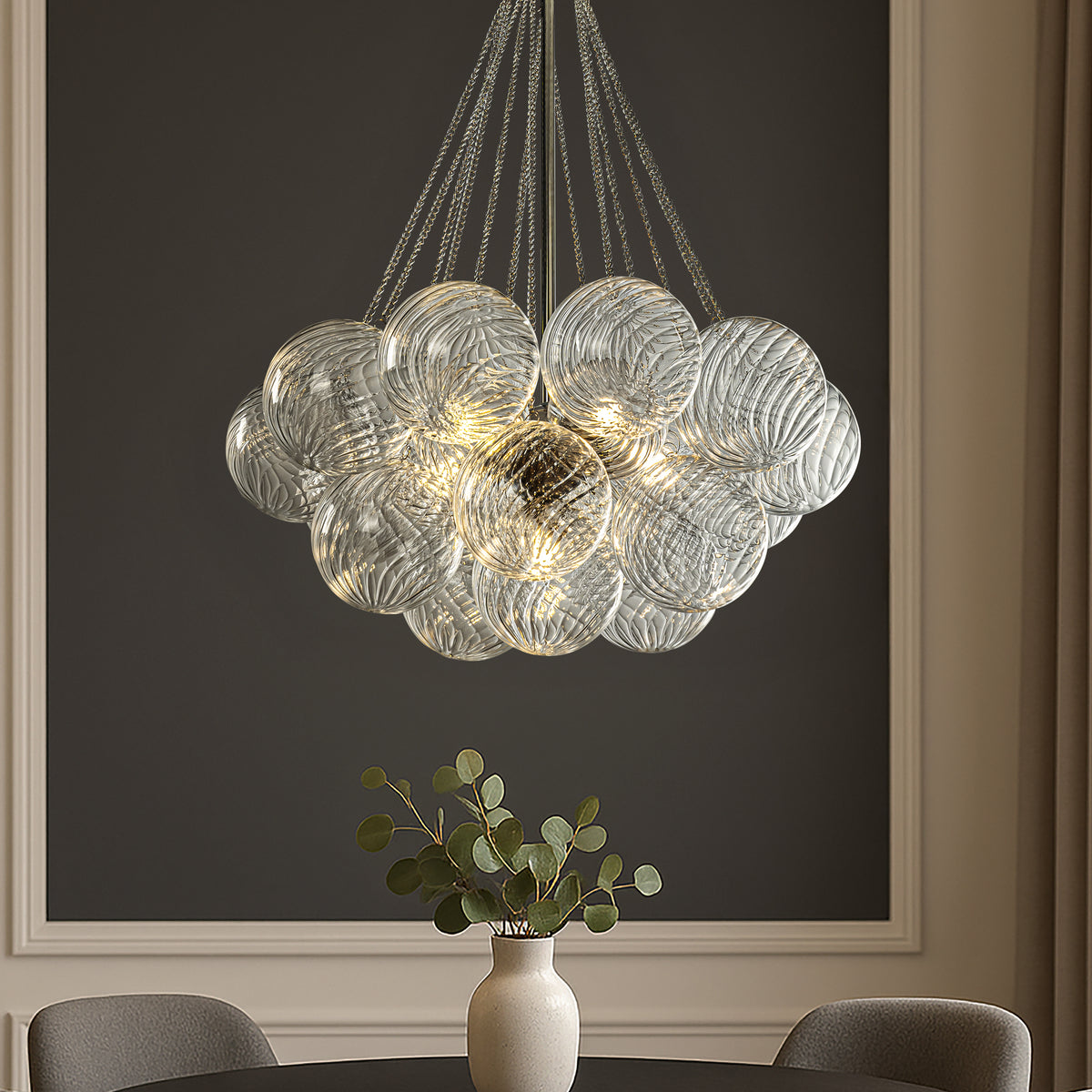 27'' Modern Glam Cluster Chandelier 6 Lights Pendant with Hand Blown Textured Glass Globes And Chrome Finish for Dining Room and Foyer