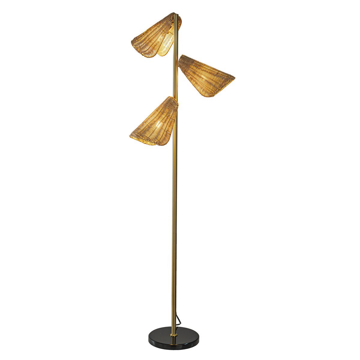 61'' Farmhouse Handwoven Rattan Floor Lamp Coastal 3-Light Standing Lamp With Antique Brass Finish Black Marble Base For Bedroom Living Room