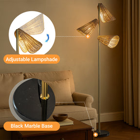 61'' Farmhouse Handwoven Rattan Floor Lamp Coastal 3-Light Standing Lamp With Antique Brass Finish Black Marble Base For Bedroom Living Room