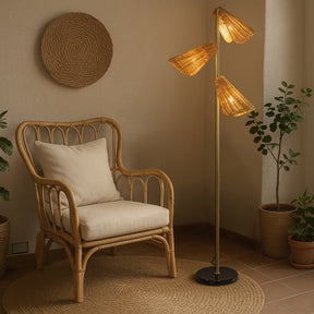 61'' Farmhouse Handwoven Rattan Floor Lamp Coastal 3-Light Standing Lamp With Antique Brass Finish Black Marble Base For Bedroom Living Room