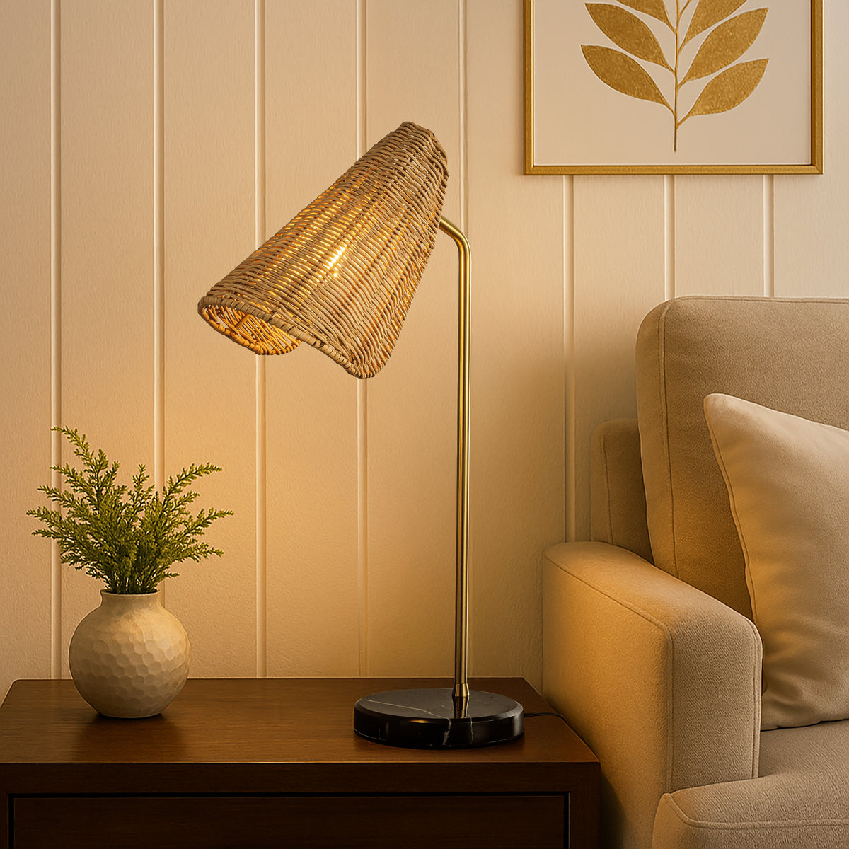 22'' Farmhouse Handwoven Rattan Table Lamp Antique Brass Finish Black Marble Base Rustic Nightstand Lamp For Bedroom Living Room
