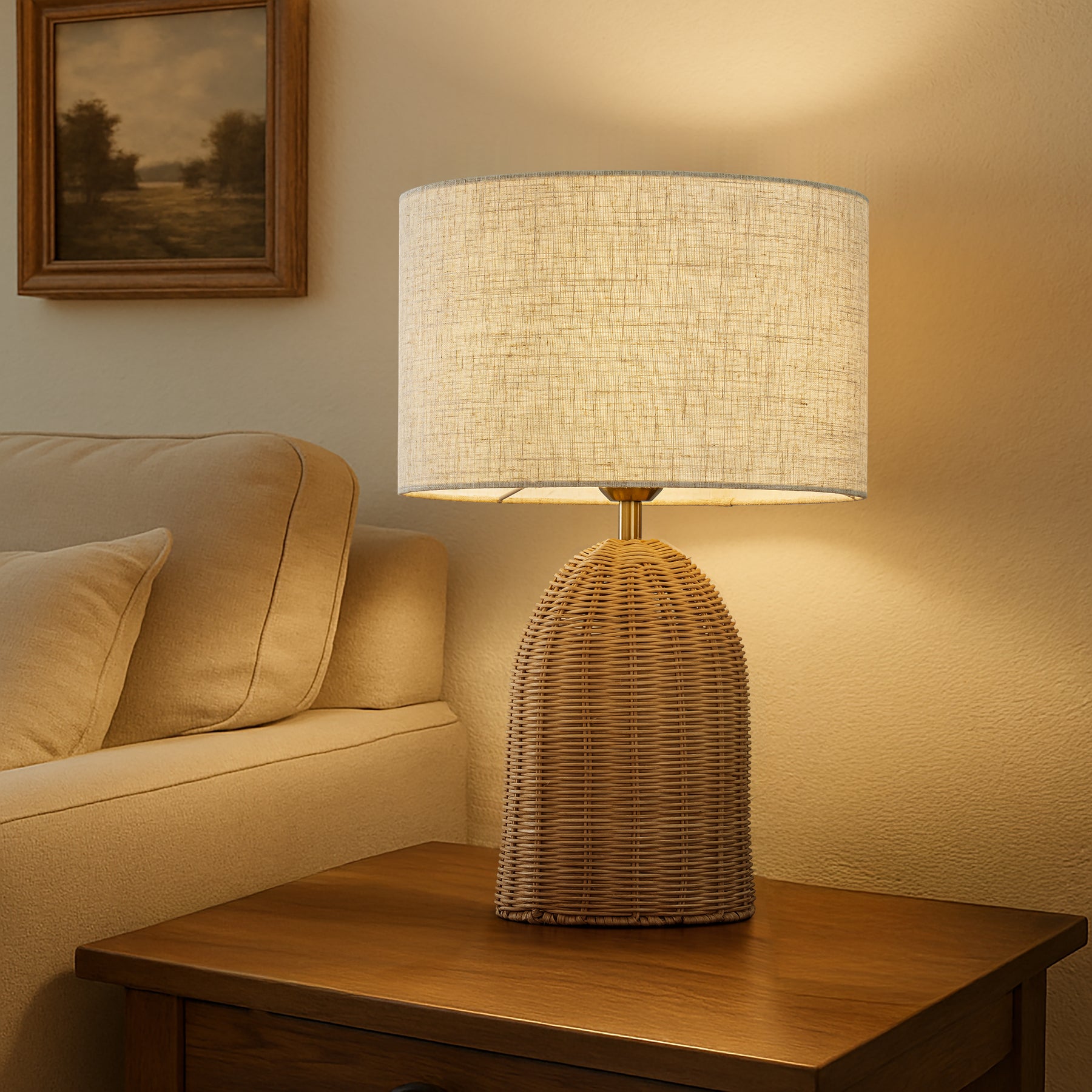 20'' Natural Rattan Bedside Table Lamp Coastal Nightstand Lamp with Classic Beige Fabric Shade for Bedroom, Living Room