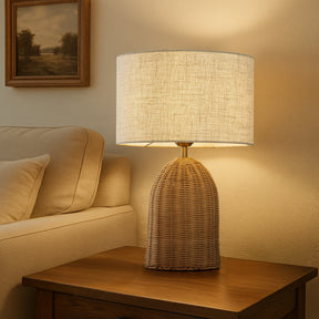 20'' Natural Rattan Bedside Table Lamp Coastal Nightstand Lamp with Classic Beige Fabric Shade for Bedroom, Living Room