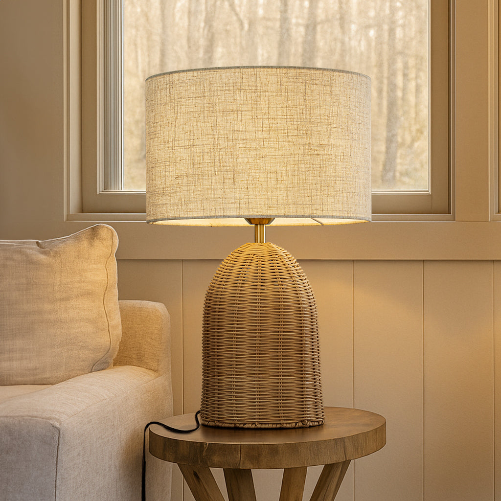 20'' Natural Rattan Bedside Table Lamp Coastal Nightstand Lamp with Classic Beige Fabric Shade for Bedroom, Living Room
