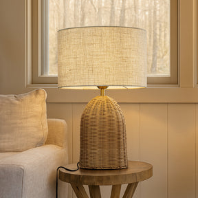 20'' Natural Rattan Bedside Table Lamp Coastal Nightstand Lamp with Classic Beige Fabric Shade for Bedroom, Living Room