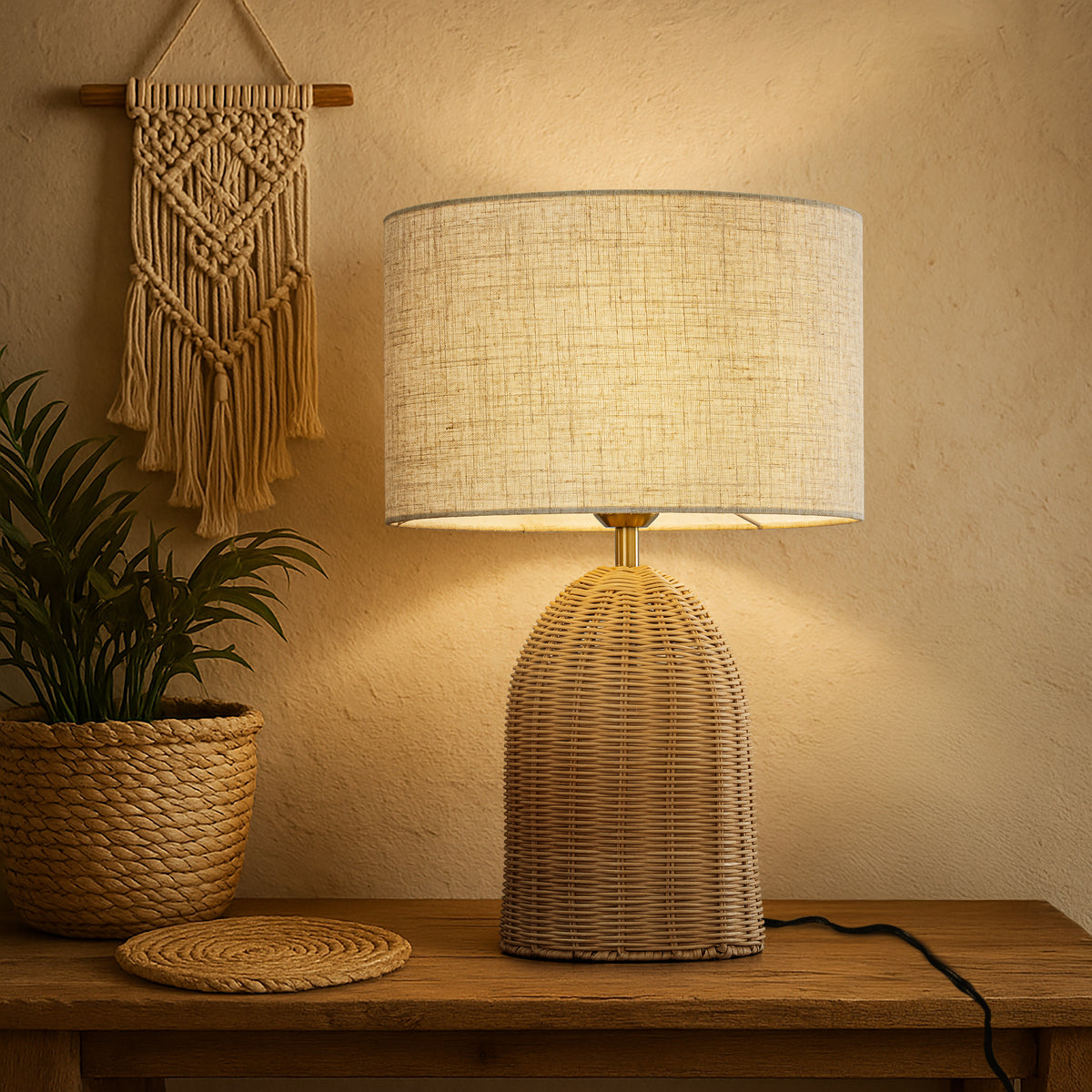 20'' Natural Rattan Bedside Table Lamp Coastal Nightstand Lamp with Classic Beige Fabric Shade for Bedroom, Living Room