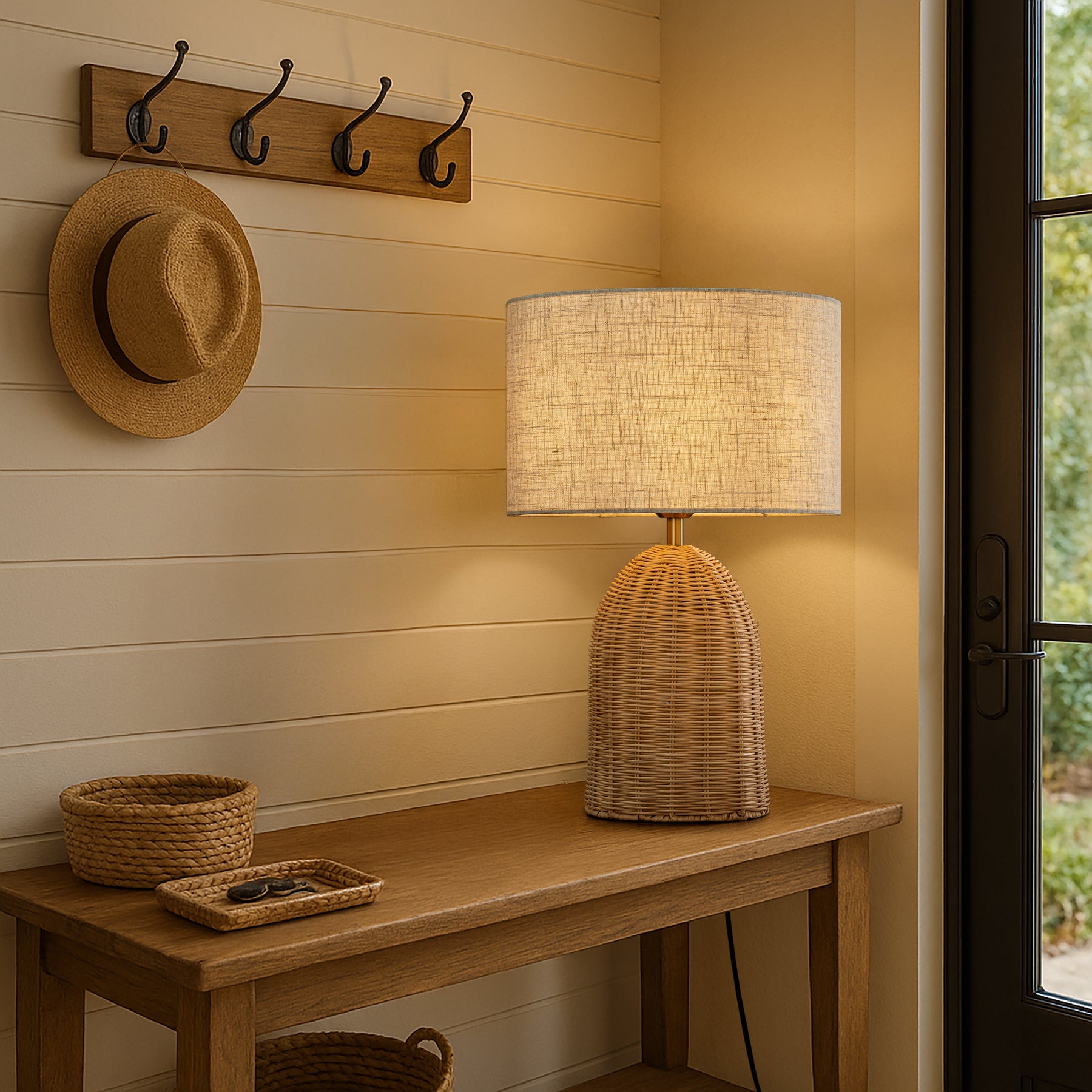 20'' Natural Rattan Bedside Table Lamp Coastal Nightstand Lamp with Classic Beige Fabric Shade for Bedroom, Living Room