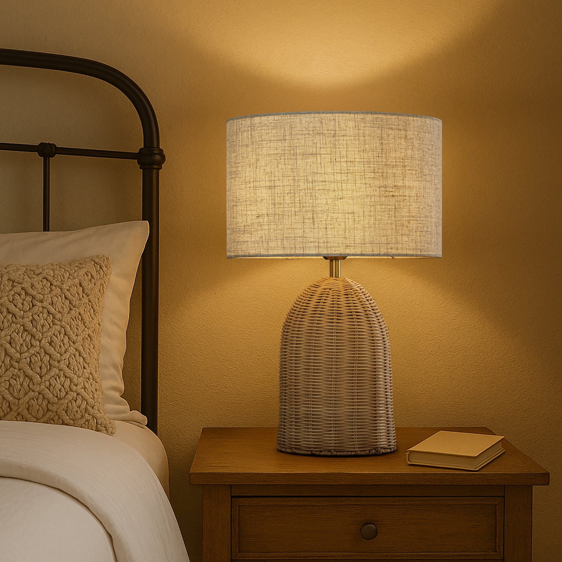 20'' Natural Rattan Bedside Table Lamp Coastal Nightstand Lamp with Classic Beige Fabric Shade for Bedroom, Living Room
