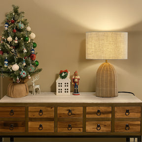 20'' Natural Rattan Bedside Table Lamp Coastal Nightstand Lamp with Classic Beige Fabric Shade for Bedroom, Living Room