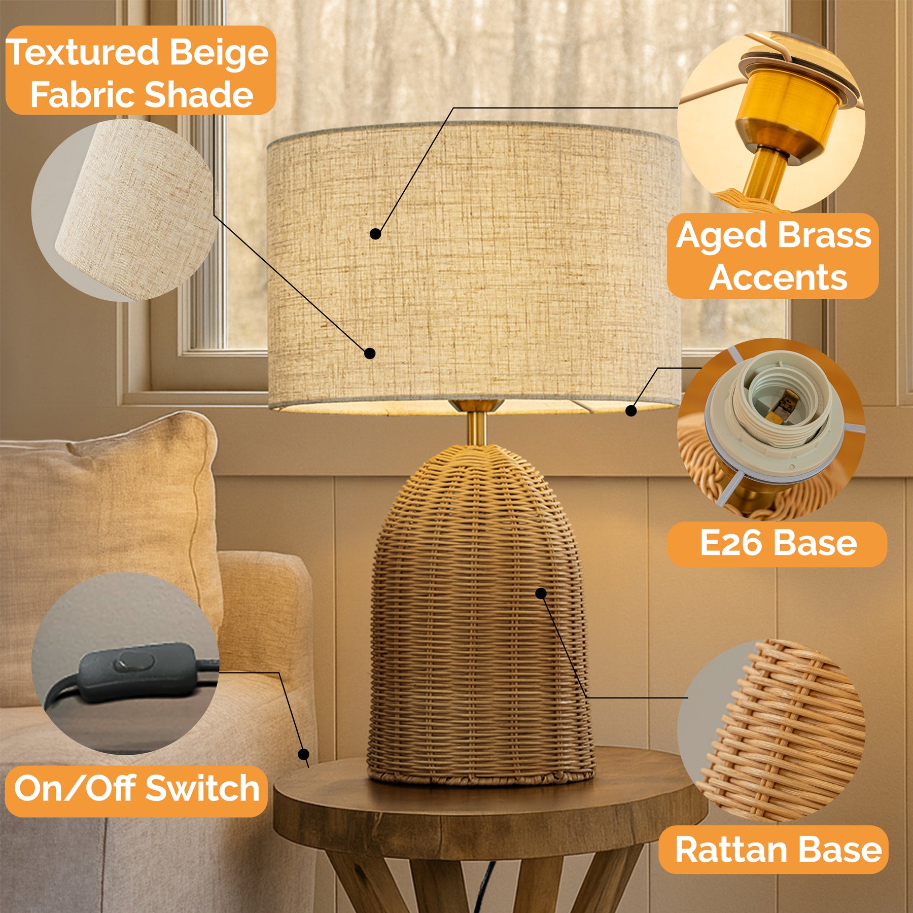 20'' Natural Rattan Bedside Table Lamp Coastal Nightstand Lamp with Classic Beige Fabric Shade for Bedroom, Living Room