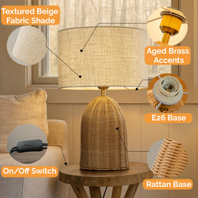 20'' Natural Rattan Bedside Table Lamp Coastal Nightstand Lamp with Classic Beige Fabric Shade for Bedroom, Living Room