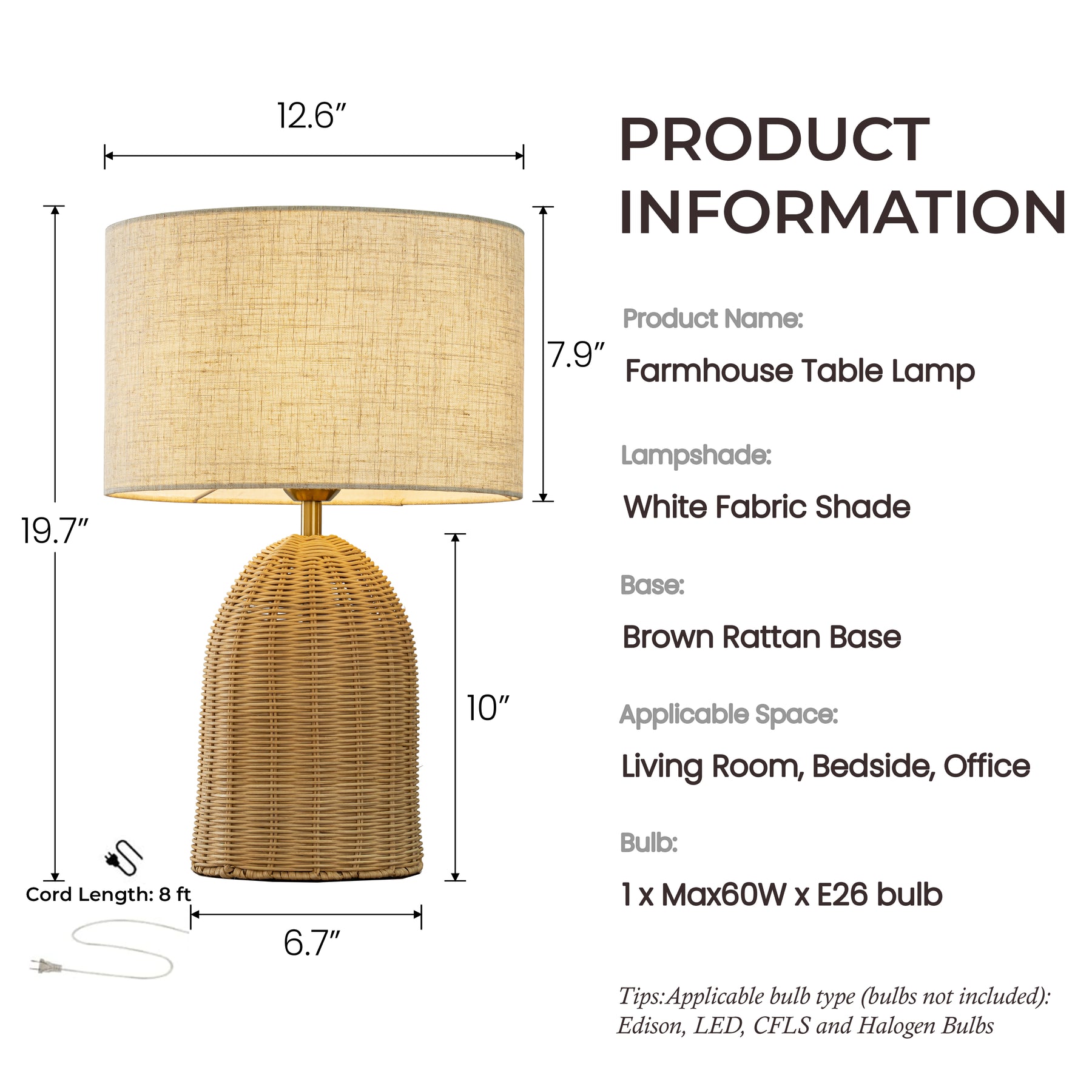 20'' Natural Rattan Bedside Table Lamp Coastal Nightstand Lamp with Classic Beige Fabric Shade for Bedroom, Living Room
