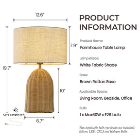 20'' Natural Rattan Bedside Table Lamp Coastal Nightstand Lamp with Classic Beige Fabric Shade for Bedroom, Living Room