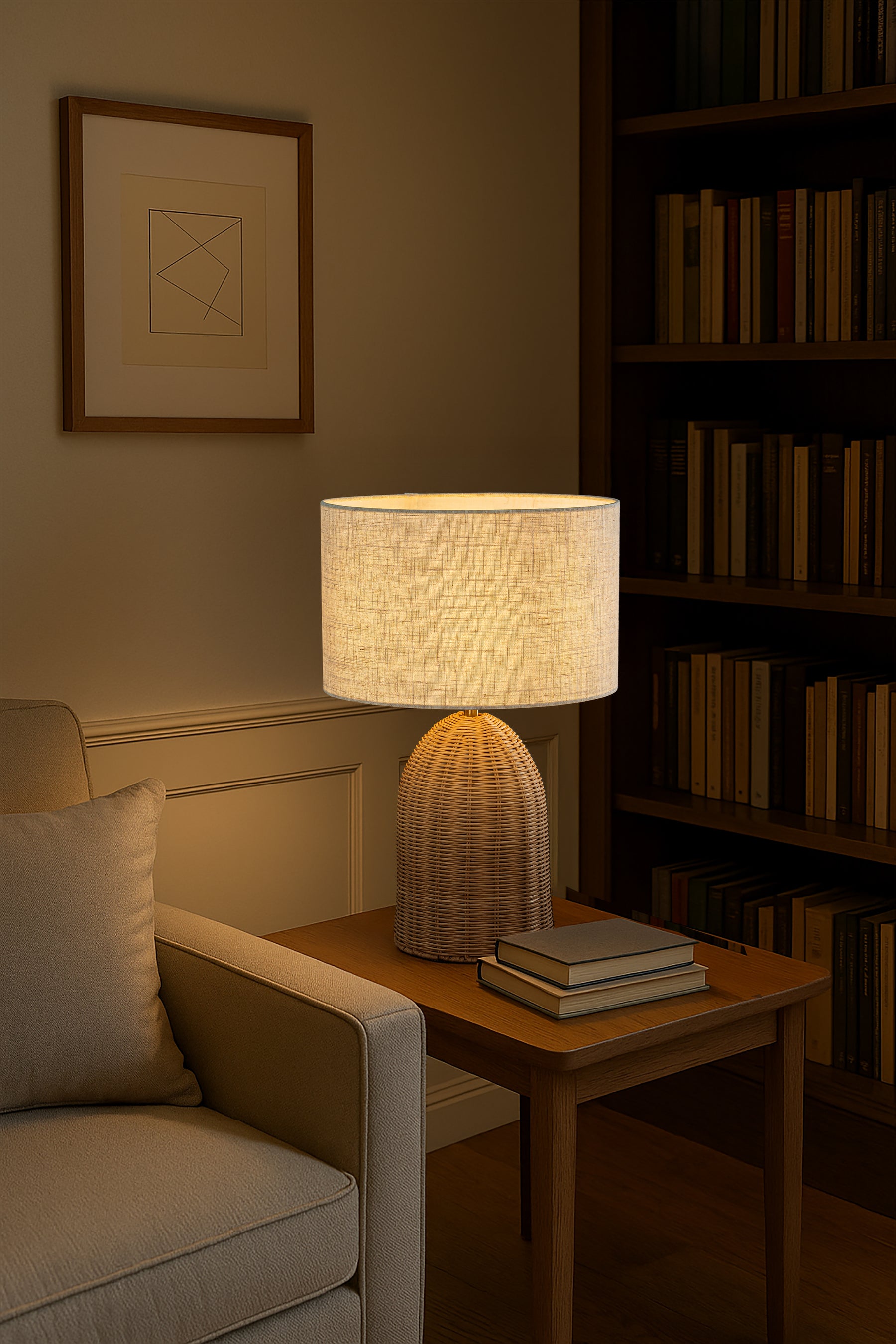 20'' Natural Rattan Bedside Table Lamp Coastal Nightstand Lamp with Classic Beige Fabric Shade for Bedroom, Living Room