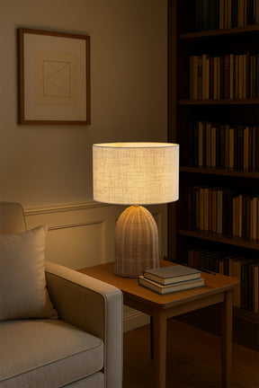 20'' Natural Rattan Bedside Table Lamp Coastal Nightstand Lamp with Classic Beige Fabric Shade for Bedroom, Living Room