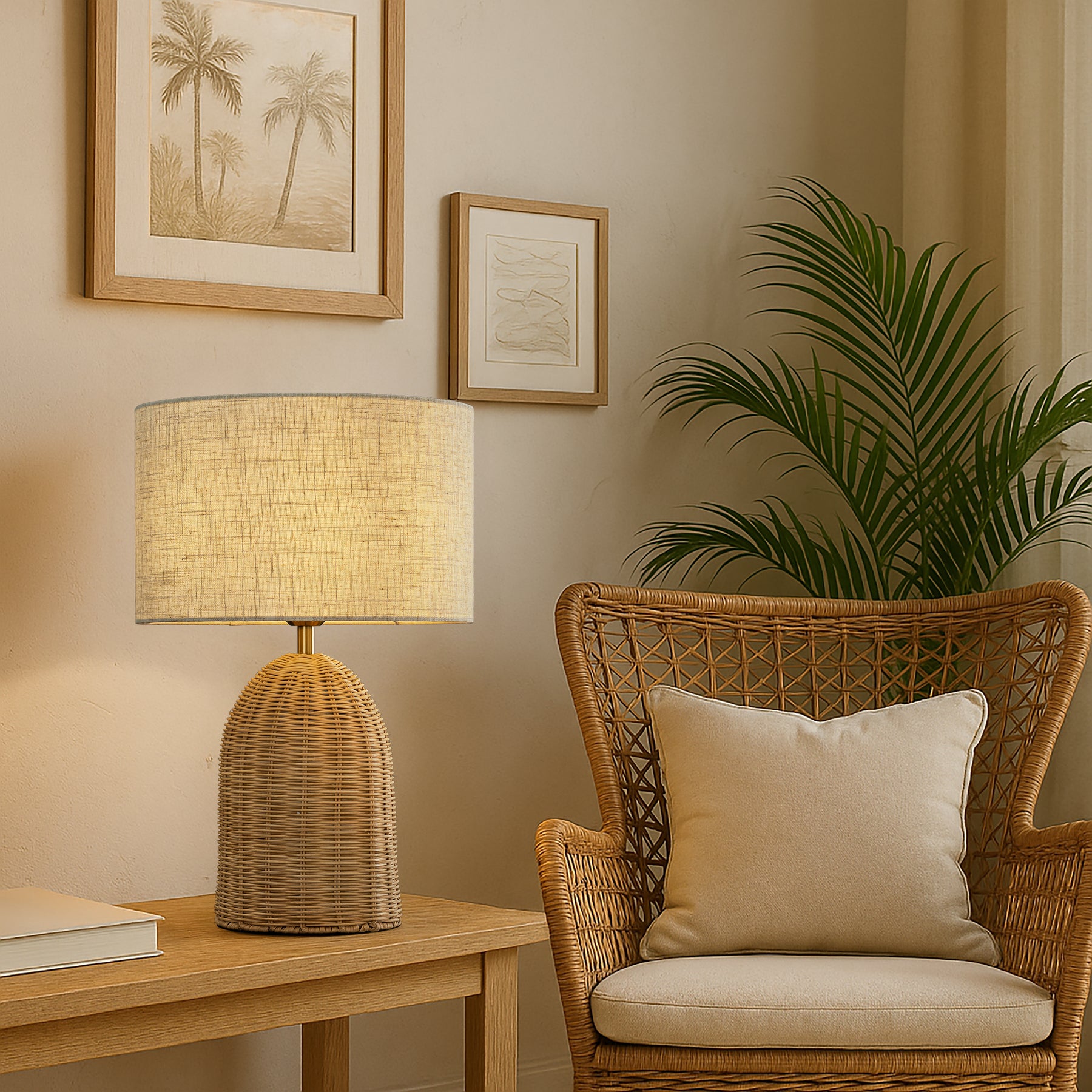 20'' Natural Rattan Bedside Table Lamp Coastal Nightstand Lamp with Classic Beige Fabric Shade for Bedroom, Living Room