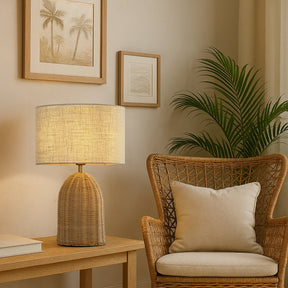 20'' Natural Rattan Bedside Table Lamp Coastal Nightstand Lamp with Classic Beige Fabric Shade for Bedroom, Living Room
