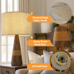 28'' Farmhouse Honey Brown Wood Bedside Table Lamp – Classic Drum Shape Nightstand Lamp with Beige Fabric Shade for Bedroom, Living Room
