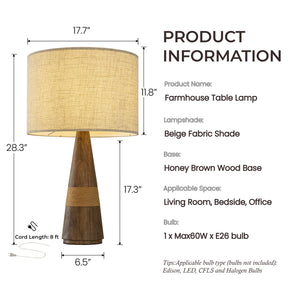 28'' Farmhouse Honey Brown Wood Bedside Table Lamp – Classic Drum Shape Nightstand Lamp with Beige Fabric Shade for Bedroom, Living Room
