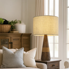 28'' Farmhouse Honey Brown Wood Bedside Table Lamp – Classic Drum Shape Nightstand Lamp with Beige Fabric Shade for Bedroom, Living Room